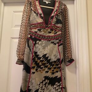 DVF silk Women's Mixed Print Long Sleeve Dress in Black, Cream & Gold